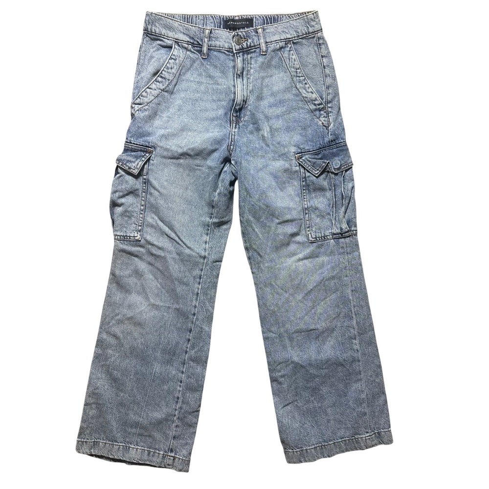 AEROPOSTALE Womens Light Wash High Rise Wide Leg Cargo Jeans Medium Short